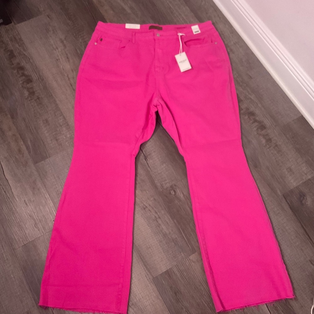 Judy Blue Jeans 24W Hot Pink High Rise Flare Raw Hem Stretch Denim Plus sized